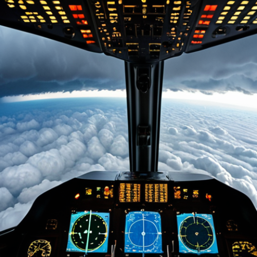 Home 14 **
A modern airplane cockpit view, showing the radar screen highlighting a safe path around a severe storm cloud formation. The radar display is bright and detailed.
**