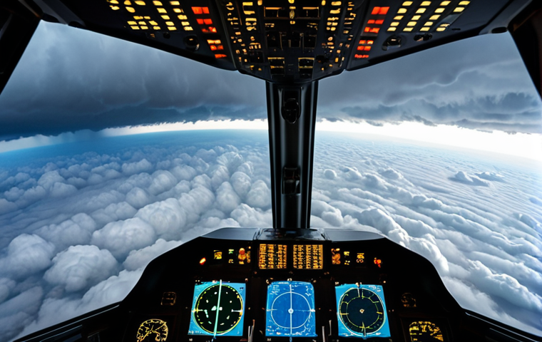 **

A modern airplane cockpit view, showing the radar screen highlighting a safe path around a severe storm cloud formation. The radar display is bright and detailed.

**