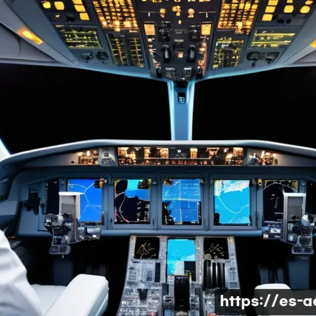 항공전자 및 항법 시스템 - A high-tech commercial airplane cockpit during night flight, illuminated by vibrant digital displays...