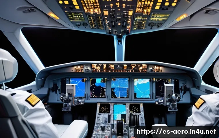 항공전자 및 항법 시스템 - A high-tech commercial airplane cockpit during night flight, illuminated by vibrant digital displays...