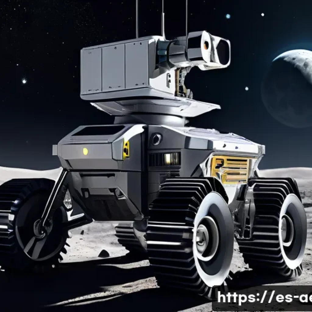 우주 광물 자원 개발 - A futuristic lunar mining scene featuring advanced autonomous robots operating on the Moon’s surface...