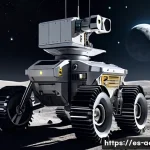 우주 광물 자원 개발 - A futuristic lunar mining scene featuring advanced autonomous robots operating on the Moon’s surface...