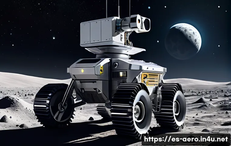 우주 광물 자원 개발 - A futuristic lunar mining scene featuring advanced autonomous robots operating on the Moon’s surface...