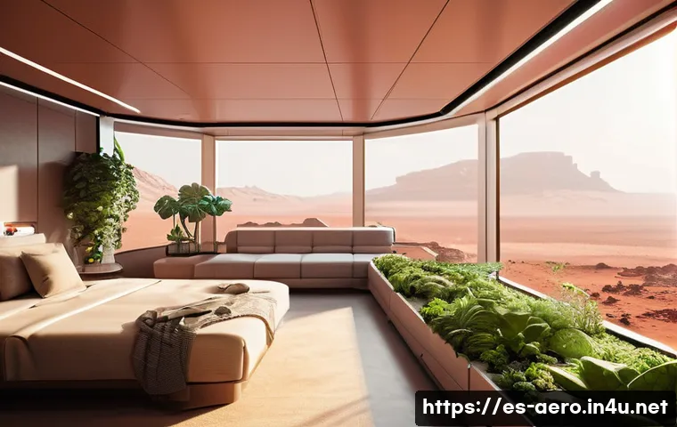 화성 이주 프로젝트 - A futuristic Mars habitat interior showcasing advanced radiation shielding materials and life-suppor...