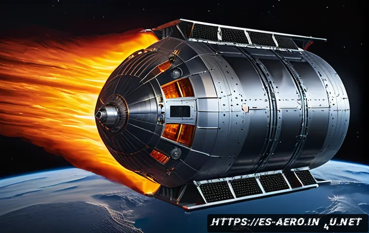 우주선 열 차폐 기술 - A high-tech ablative heat shield panel under extreme reentry conditions, showcasing a layered struct...