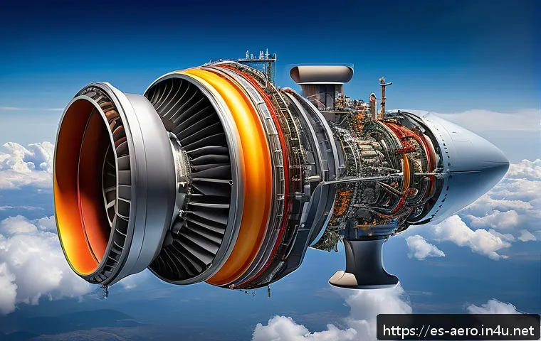 항공기 엔진 설계 - A highly detailed cutaway illustration of a modern turbofan jet engine in operation, showcasing the ...
