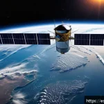 우주 비행역학 - A detailed, realistic digital illustration of an Earth satellite in low Earth orbit (LEO) approximat...