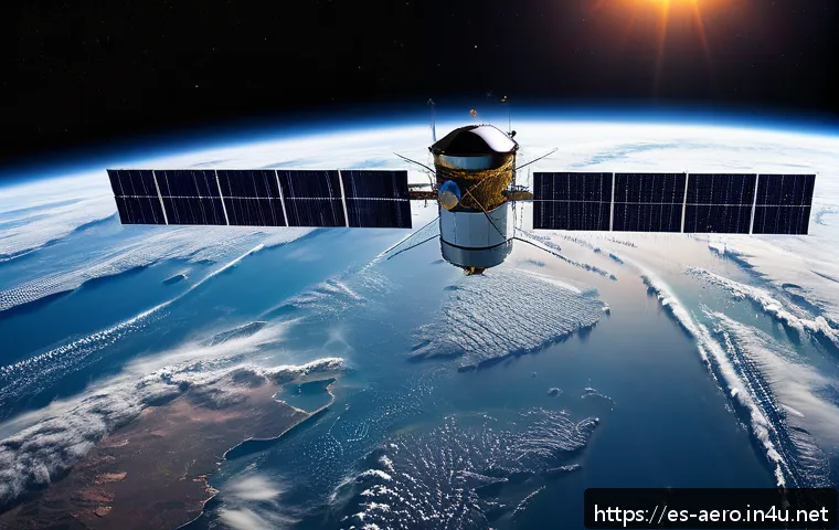 우주 비행역학 - A detailed, realistic digital illustration of an Earth satellite in low Earth orbit (LEO) approximat...