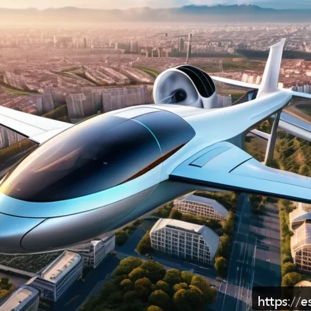 전기 항공기 개발 - A futuristic electric aircraft in flight over a modern European cityscape at sunset, showcasing slee...