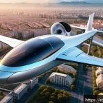 전기 항공기 개발 - A futuristic electric aircraft in flight over a modern European cityscape at sunset, showcasing slee...