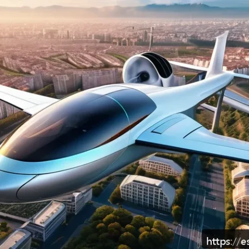전기 항공기 개발 - A futuristic electric aircraft in flight over a modern European cityscape at sunset, showcasing slee...