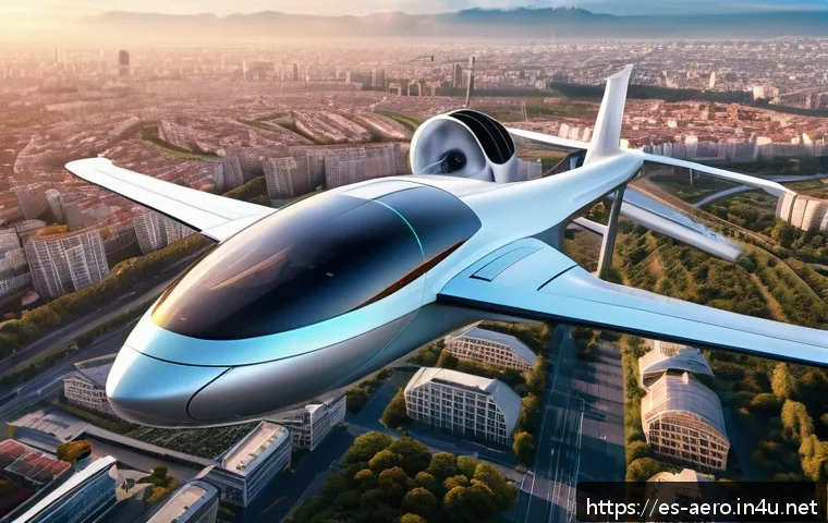 전기 항공기 개발 - A futuristic electric aircraft in flight over a modern European cityscape at sunset, showcasing slee...