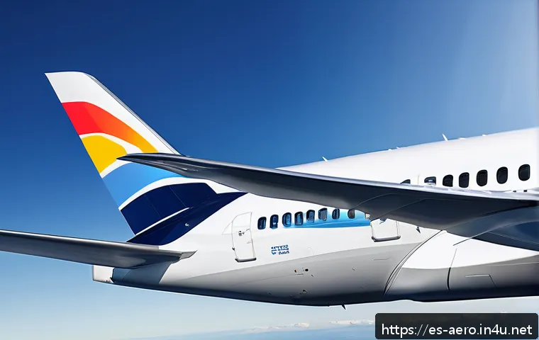 보잉 vs 에어버스 기술 비교 - A highly detailed, photorealistic image of a modern commercial airplane wing showcasing advanced aer...