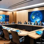 우주 항공 법규 및 안전 기준 - A futuristic international space agency conference room, showing diverse delegates from Spanish-spea...