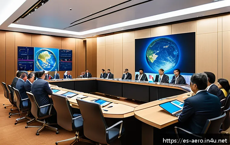 우주 항공 법규 및 안전 기준 - A futuristic international space agency conference room, showing diverse delegates from Spanish-spea...