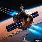 미래형 우주선 추진 방식 - A detailed futuristic spacecraft equipped with advanced ion propulsion engines glowing with blue pla...