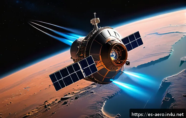 미래형 우주선 추진 방식 - A detailed futuristic spacecraft equipped with advanced ion propulsion engines glowing with blue pla...