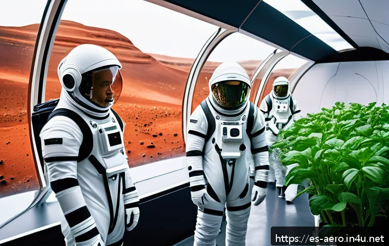 화성 거주 기술 - A futuristic Mars habitat interior showcasing an integrated hydroponic and aeroponic farming system ...