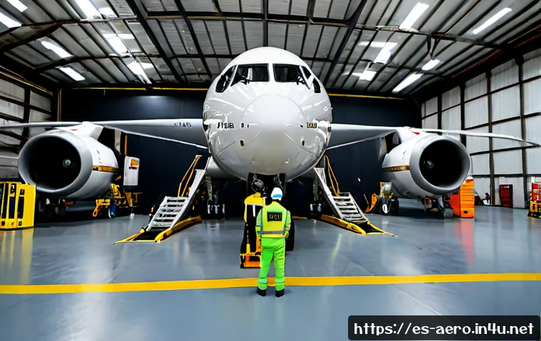 복합재료 항공기 구조 - Photorealistic wide-angle view inside a modern commercial aircraft maintenance hangar in Spain, a sl...