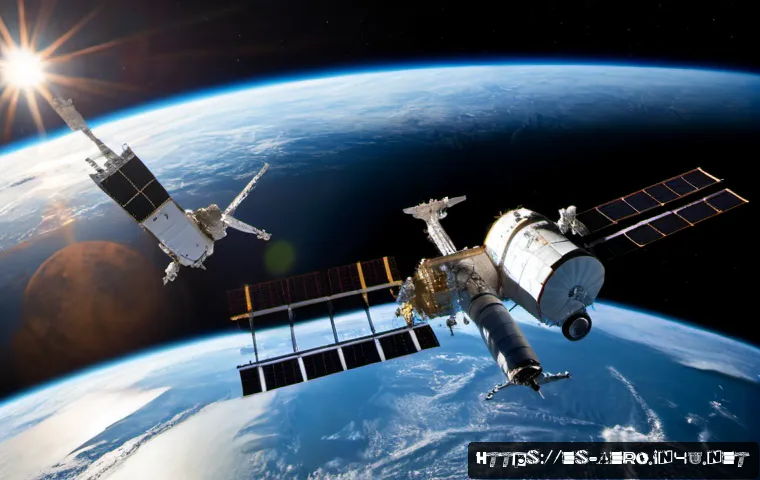 우주 물류 및 보급 시스템 - Photorealistic orbital logistics hub above Earth, a large unbranded cargo spacecraft carefully docki...
